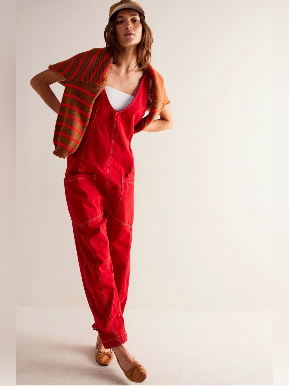 We The Free High Roller Heart Eyes Red Sleeveless Denim Jumpsuit Size L